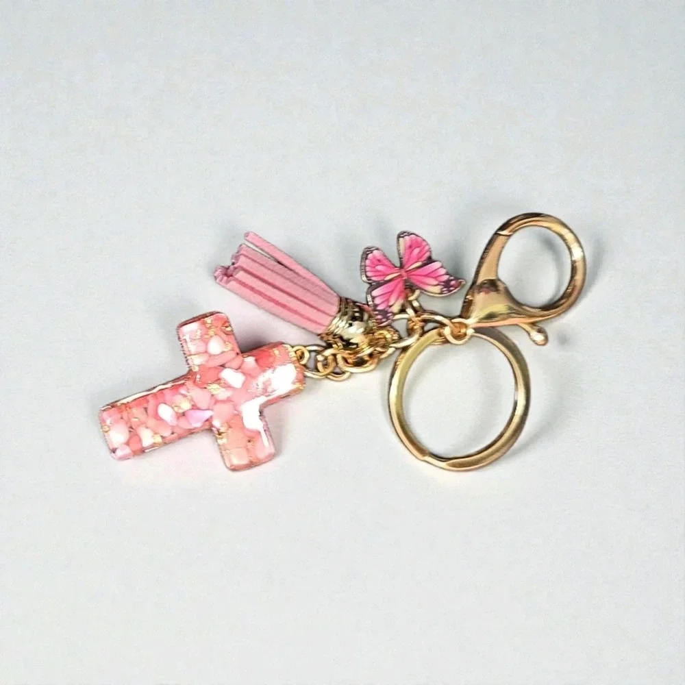 Pink Glitter Cross Butterfly Tassel Keychain Bag‎ Charm Gift